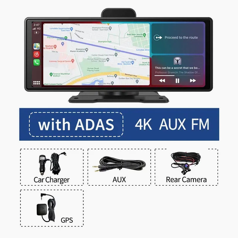 10" Portable Head Unit + Dash Cam + FREE Reverse Camera, GPS Navigation & 64GB TF Card